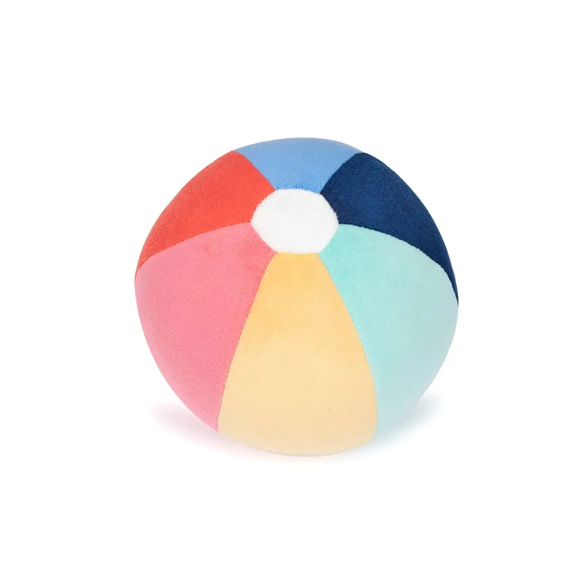 Colorful beach ball-shaped plush dog toy.